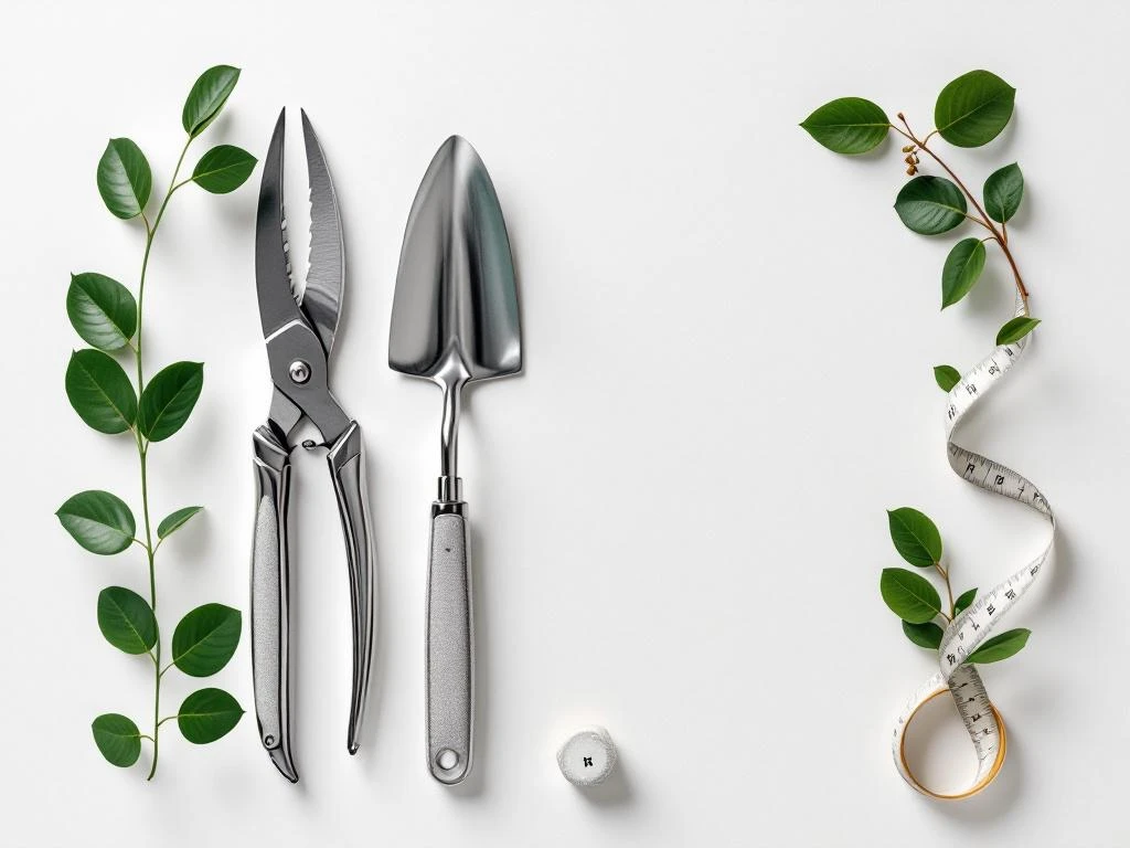 Tuingereedschap symmetrisch gerangschikt van bovenaf: snoeischaar, schepje en meetlint met groene bladeren op wit.
