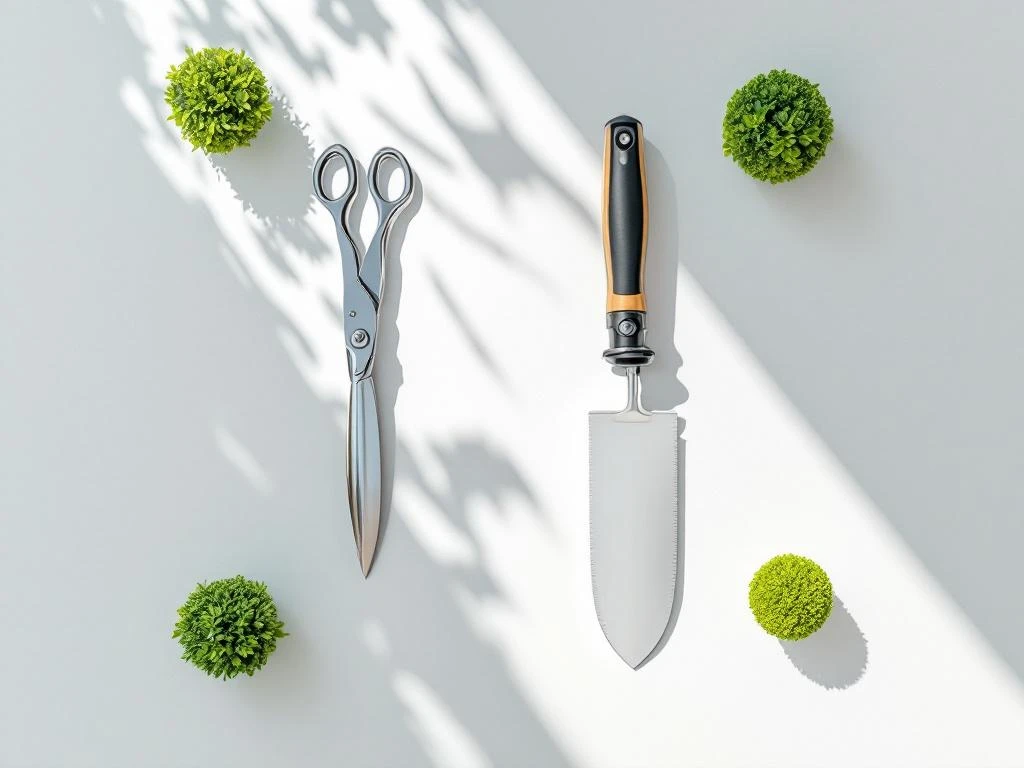 Tuingereedschap in geometrisch patroon met snoeischaar, schoffel en heggenschaar op witte ondergrond met buxus