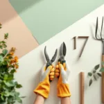 Handen in werkhandschoenen houden tuingereedschap vast tegen geometrische achtergrond in groen, bruin en wit