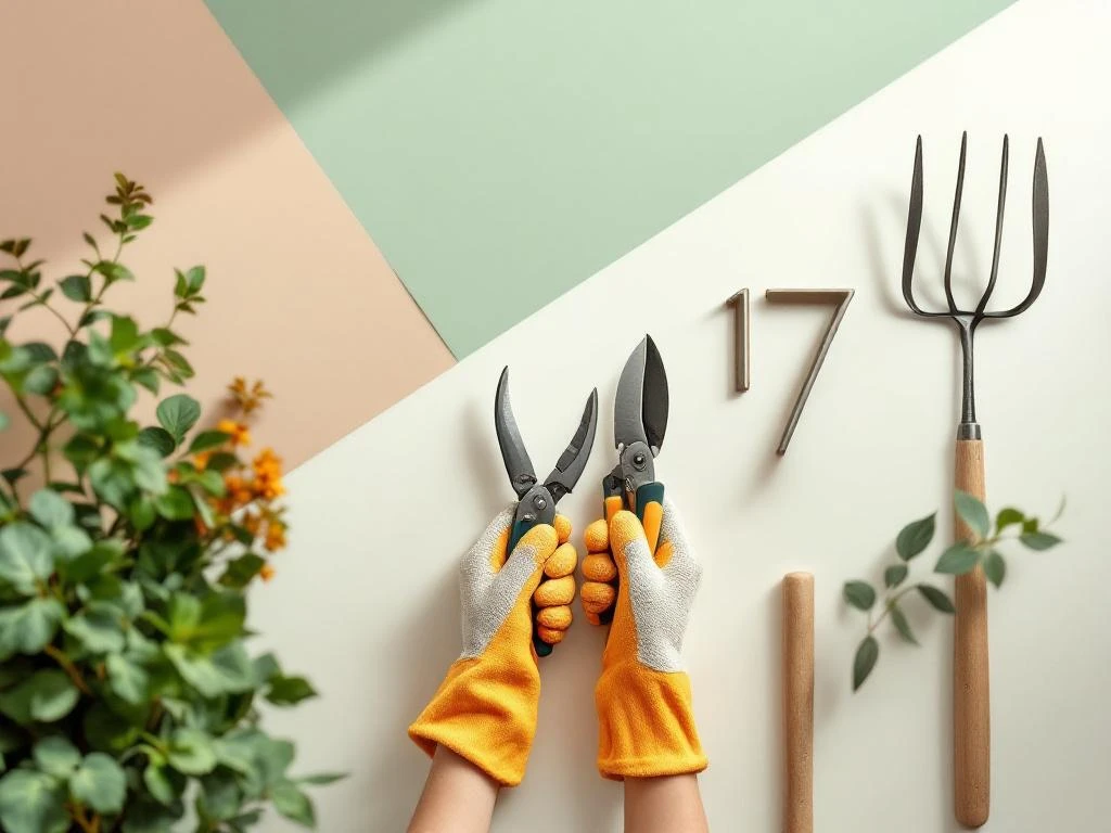 Handen in werkhandschoenen houden tuingereedschap vast tegen geometrische achtergrond in groen, bruin en wit