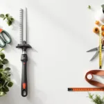 Professionele tuingereedschappen symmetrisch gerangschikt op witte achtergrond, bovenaanzicht met natuurlijk licht