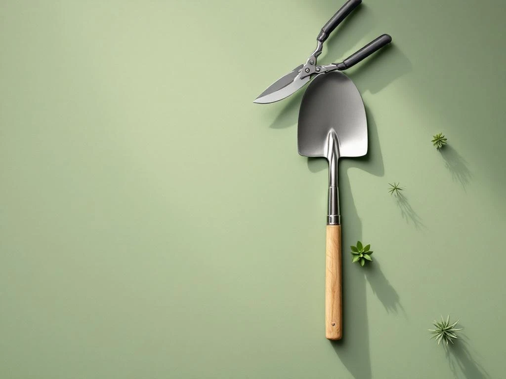 Tuingereedschap in geometrische opstelling op groene achtergrond met snoeischaar, schep en hark vanuit vogelperspectief