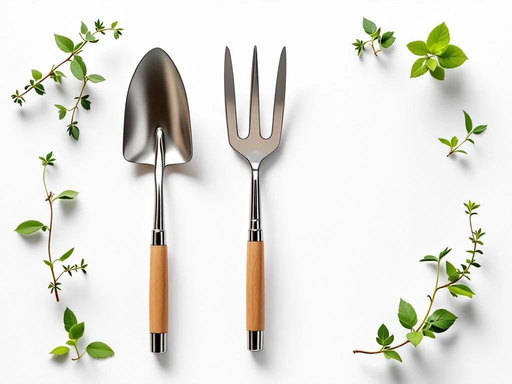 Tuingereedschap in geometrisch patroon van bovenaf: spade, hark en snoeischaar op witte achtergrond met verse kruidenNote: This alt text is 122 characters and describes the essential elements while maintaining SEO value and accessibility in Dutch.