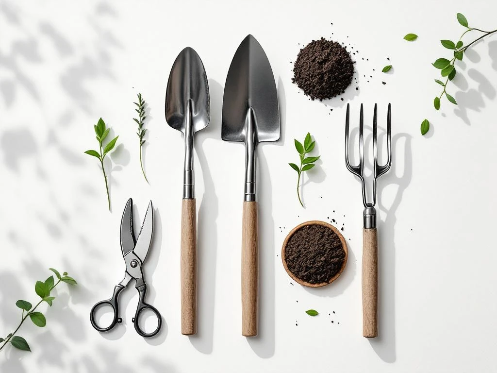 Tuingereedschap symmetrisch gerangschikt van bovenaf: schop, snoeischaar en hark met planten en aarde op wit.