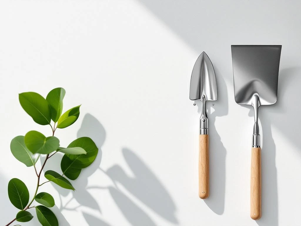 Tuingereedschap symmetrisch gerangschikt: snoeischaar, schepje en hark met verse bladeren op witte achtergrond