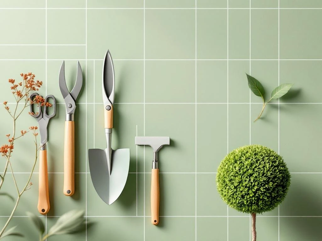 Tuingereedschap met snoeischaar, spade en heggeschaar zwevend boven groene achtergrond met buxusbol