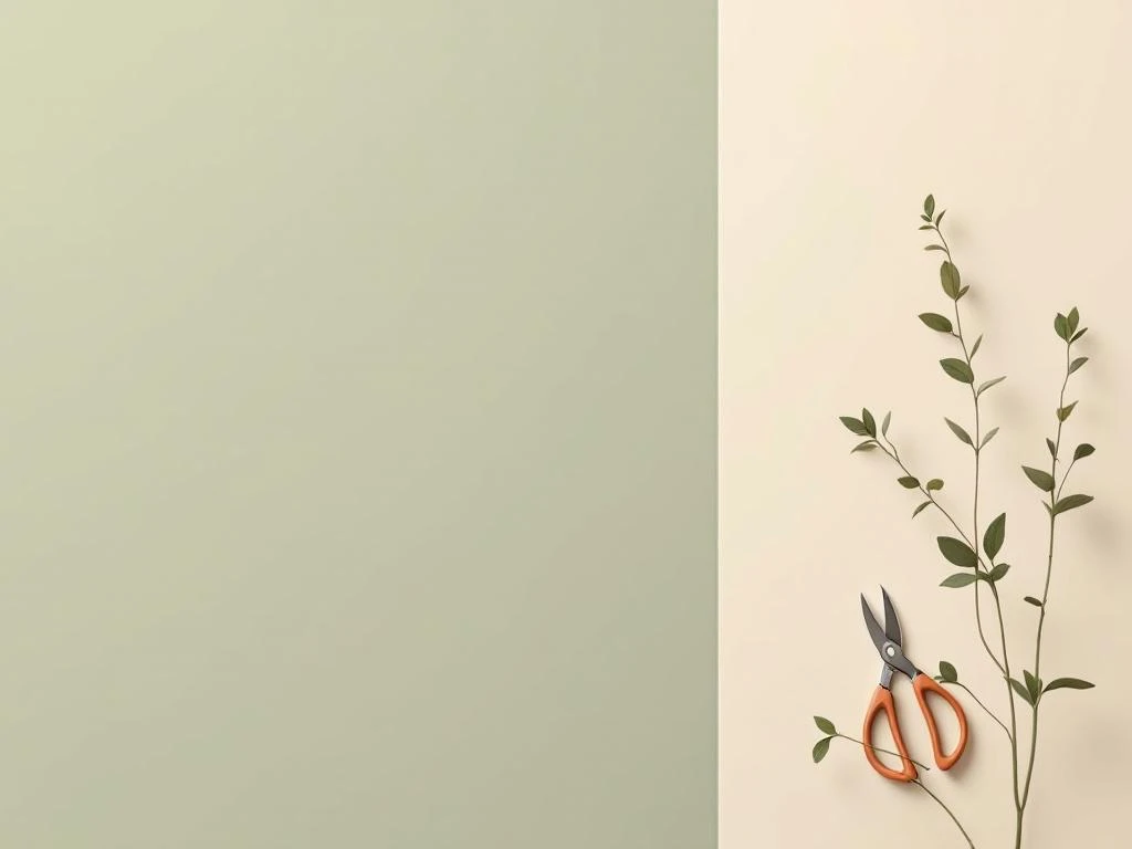 Minimalistische tuingereedschap arrangement met schop en snoeischaar op saliegroen en crème achtergrond met botanische patronen