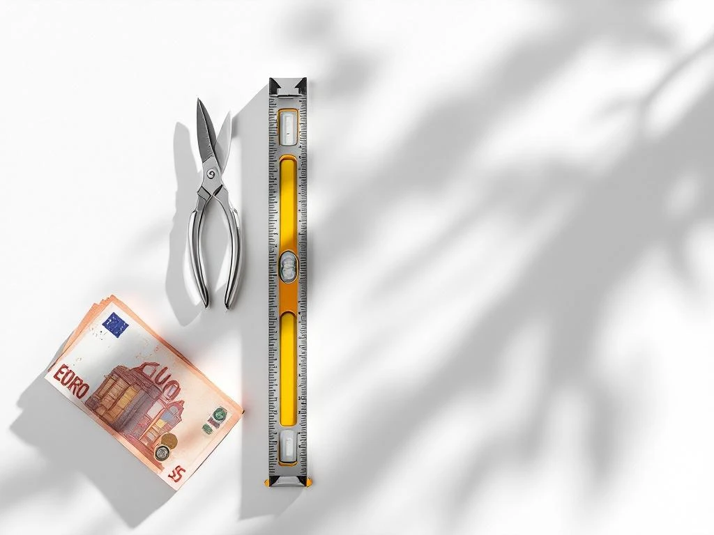 Tuingereedschap met meetlint en waterpas geometrisch gerangschikt op wit oppervlak met eurobiljetten en certificaten