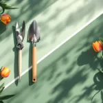 Professionele tuingereedschap in geometrische compositie met tulpensilhouetten op groene en terracotta achtergrond---**Explanation of approach (not part of alt text):**
- Started with main subject (professional garden tools)
- Included key visual elements (geometric composition, tulip silhouettes, color palette)
- Used relevant Dutch keywords naturally (tuingereedschap, tulpen)
- Stayed under 125 characters
- Avoided "afbeelding van" or similar phrases
- Provided meaningful context for screen reader users