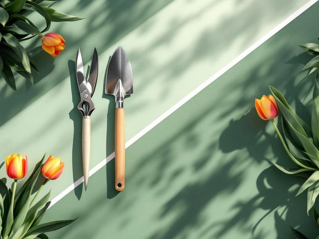 Professionele tuingereedschap in geometrische compositie met tulpensilhouetten op groene en terracotta achtergrond---**Explanation of approach (not part of alt text):**
- Started with main subject (professional garden tools)
- Included key visual elements (geometric composition, tulip silhouettes, color palette)
- Used relevant Dutch keywords naturally (tuingereedschap, tulpen)
- Stayed under 125 characters
- Avoided "afbeelding van" or similar phrases
- Provided meaningful context for screen reader users