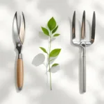 Tuingereedschap in geometrische opstelling van boven met chromen snoeischaar, schoffel en hark op witte achtergrond