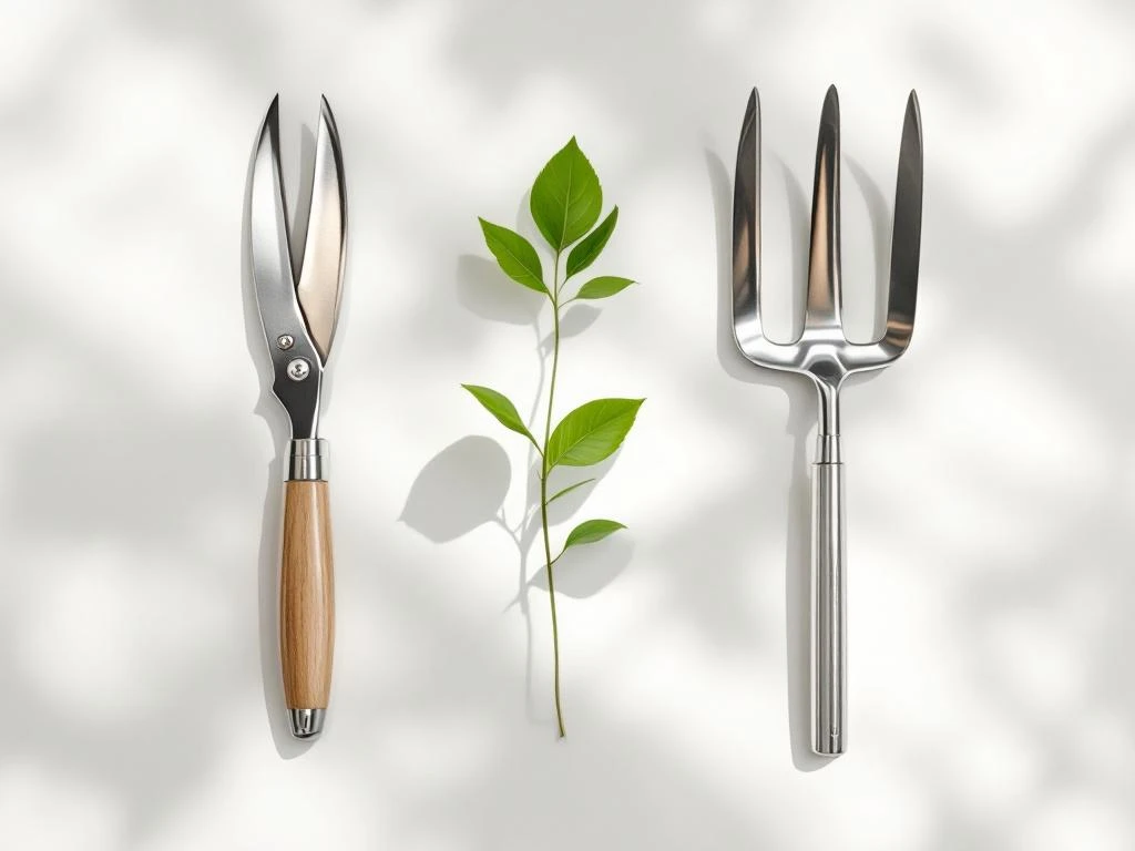 Tuingereedschap in geometrische opstelling van boven met chromen snoeischaar, schoffel en hark op witte achtergrond