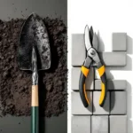 Tuingereedschap in gesplitst beeld: spade in aarde en snoeischaar met tegels, aardse tinten met dramatische belichting