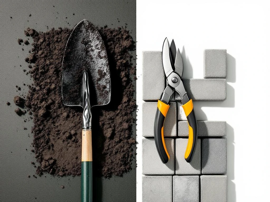 Tuingereedschap in gesplitst beeld: spade in aarde en snoeischaar met tegels, aardse tinten met dramatische belichting