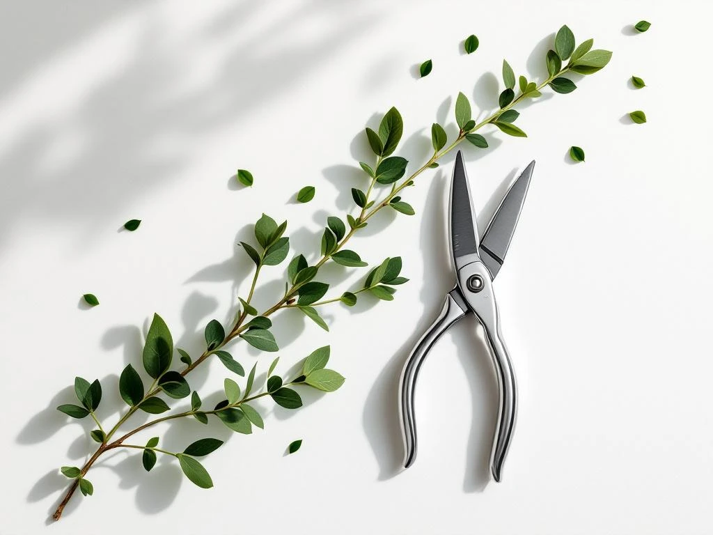 Professionele snoeischaar op witte achtergrond met vers gesneden groene takken in geometrisch patroon