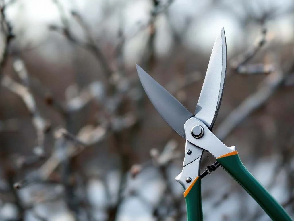 Snoeischaar met groene handvatten in scherpe focus tegen wazige winterse takken op de achtergrond