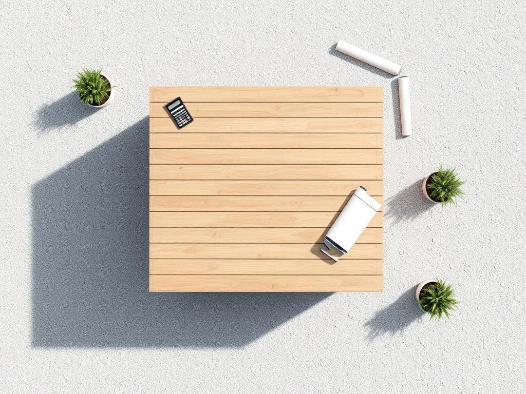 Moderne houten tuinschuur op wit grind van bovenaf gefotografeerd met plantenpotten, blauwdruk en rekenmachine