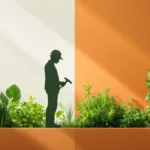 Tuinman in beschermende kleding met gereedschap naast groene planten en gezondheidssymbolen in minimalistisch design