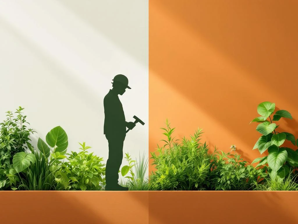 Tuinman in beschermende kleding met gereedschap naast groene planten en gezondheidssymbolen in minimalistisch design