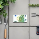Euro bankbiljet met tuingereedschap en rekenmachine op terras, symboliseert inkomsten zelfstandige hovenier.