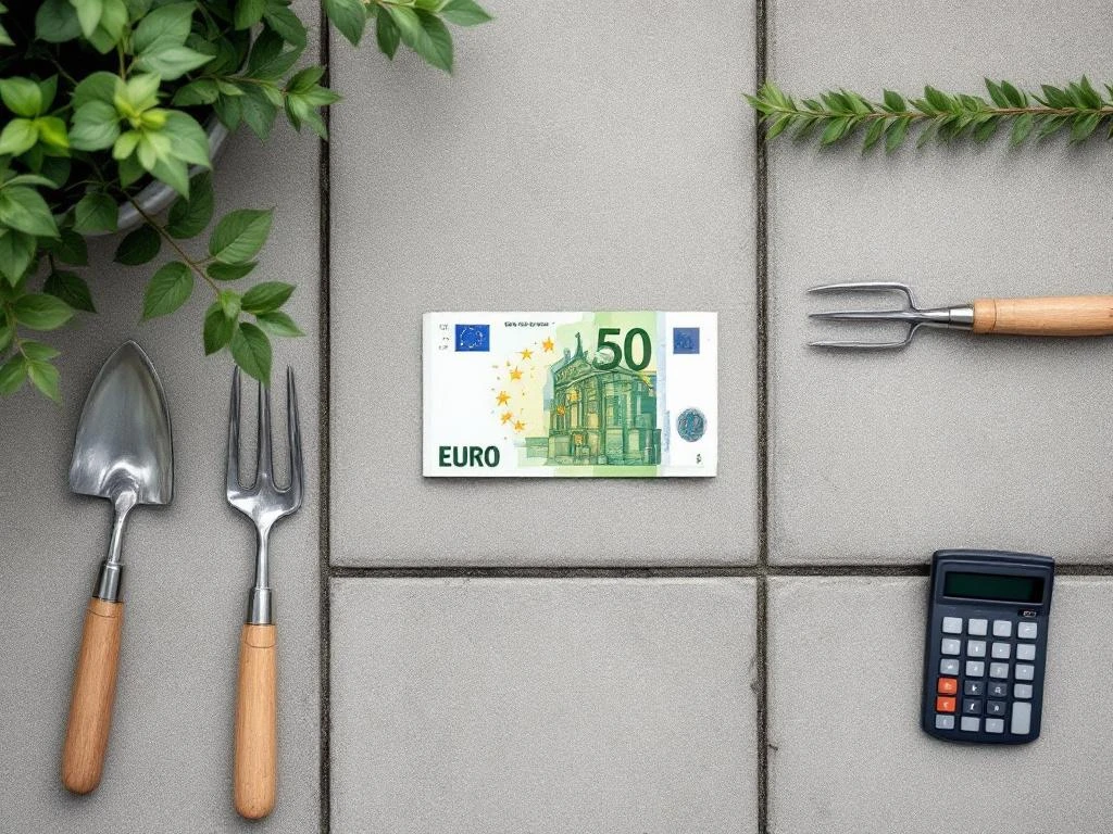 Euro bankbiljet met tuingereedschap en rekenmachine op terras, symboliseert inkomsten zelfstandige hovenier.