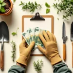 Tuinhandschoenen op klembord met eurobankbiljetten, omringd door tuingereedschap en planten van bovenaf gefotografeerd