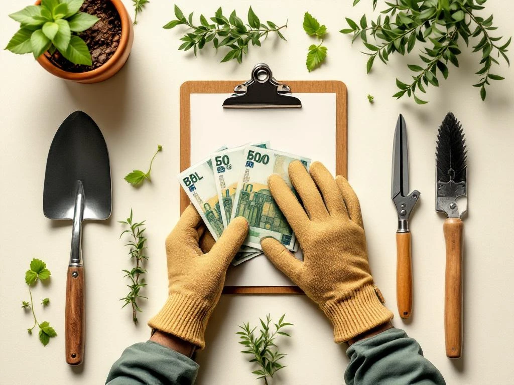 Tuinhandschoenen op klembord met eurobankbiljetten, omringd door tuingereedschap en planten van bovenaf gefotografeerd