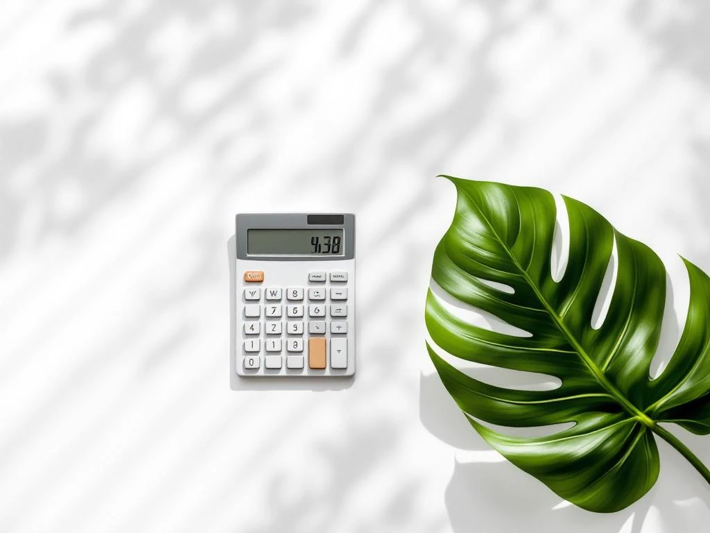 Rekenmachine met eurobiljetten en monstera blad op wit bureau voor tuinman salaris berekening