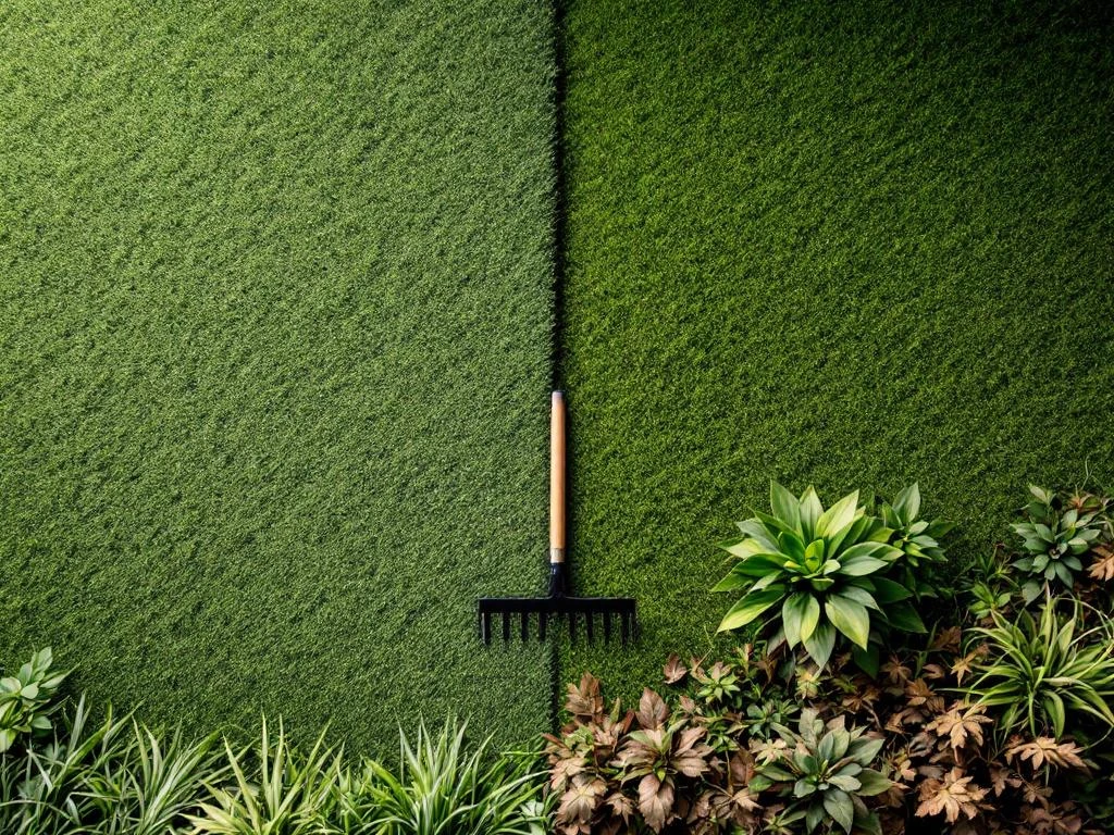 Luchtfoto van tuin gesplitst in gemaaid gazon en wild overgroeid gras met hark op de grens