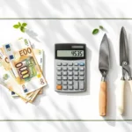 Tuingereedschap, rekenmachine en eurobankbiljetten op wit oppervlak voor tuinbedrijf financiële planning