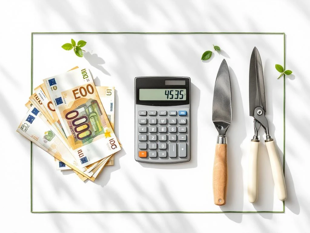 Tuingereedschap, rekenmachine en eurobankbiljetten op wit oppervlak voor tuinbedrijf financiële planning