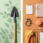 Tuingereedschap en onderhoudsbenodigdheden symmetrisch gerangschikt op groene en terracotta achtergronden