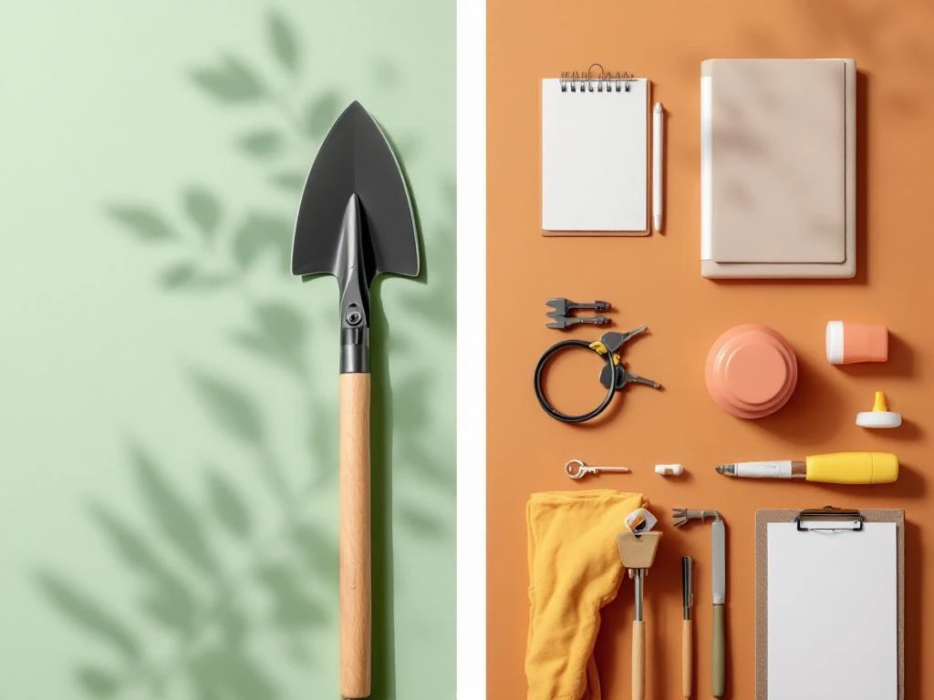 Tuingereedschap en onderhoudsbenodigdheden symmetrisch gerangschikt op groene en terracotta achtergronden