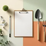 Klembord met eurosymbolen en tuingereedschap in minimalistisch bovenaanzicht met groene en terracotta accenten