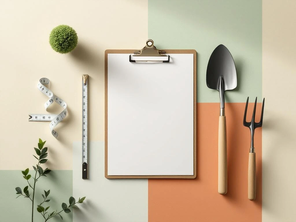 Klembord met eurosymbolen en tuingereedschap in minimalistisch bovenaanzicht met groene en terracotta accenten