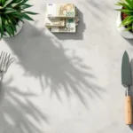 Rekenmachine, eurobiljetten en tuingereedschap op betonnen ondergrond voor professionele tuinservice