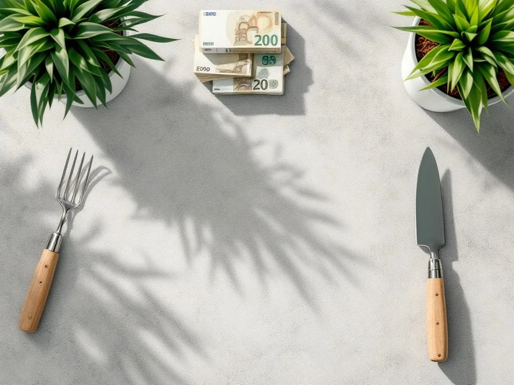 Rekenmachine, eurobiljetten en tuingereedschap op betonnen ondergrond voor professionele tuinservice