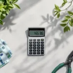 Rekenmachine met eurobiljetten en tuingereedschap op betonnen ondergrond voor tuinservice financiën