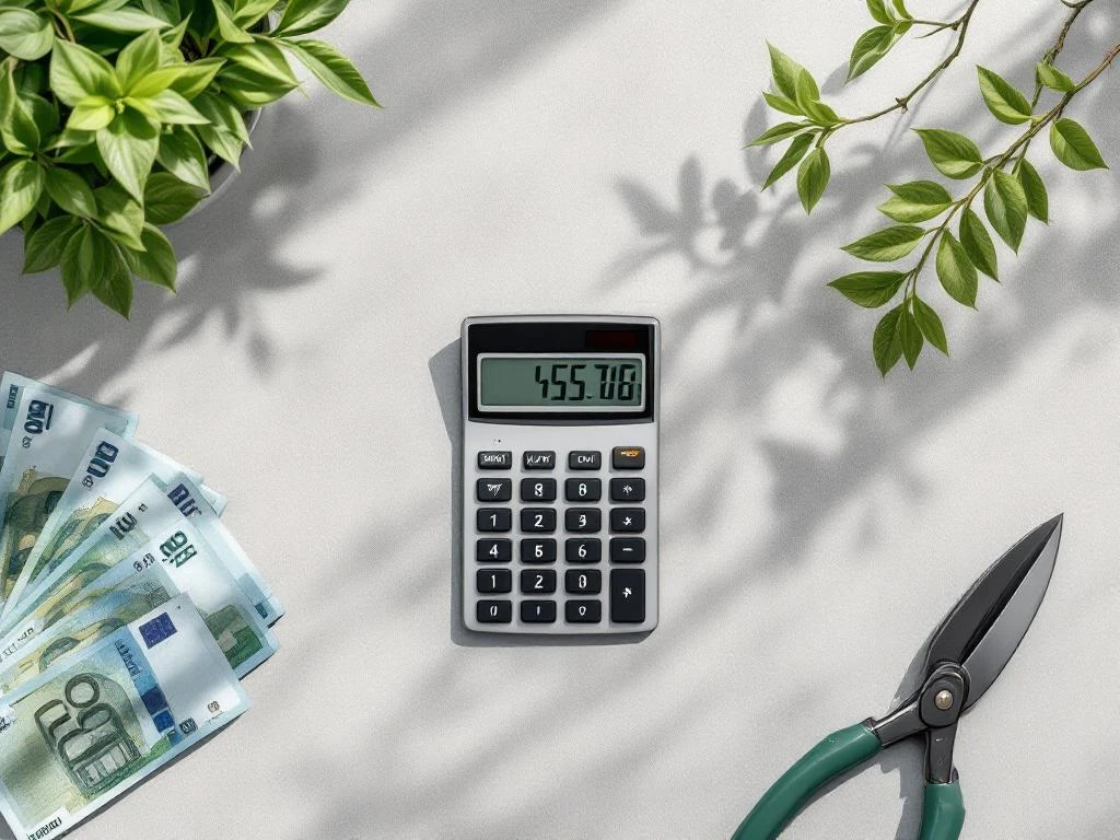 Rekenmachine met eurobiljetten en tuingereedschap op betonnen ondergrond voor tuinservice financiën