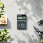 Rekenmachine met eurobiljetten en tuingereedschap op betonnen oppervlak voor tuinbedrijf administratie