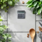 Rekenmachine en tuingereedschap op beton met euromunten voor tuinonderhoud kostenberekening