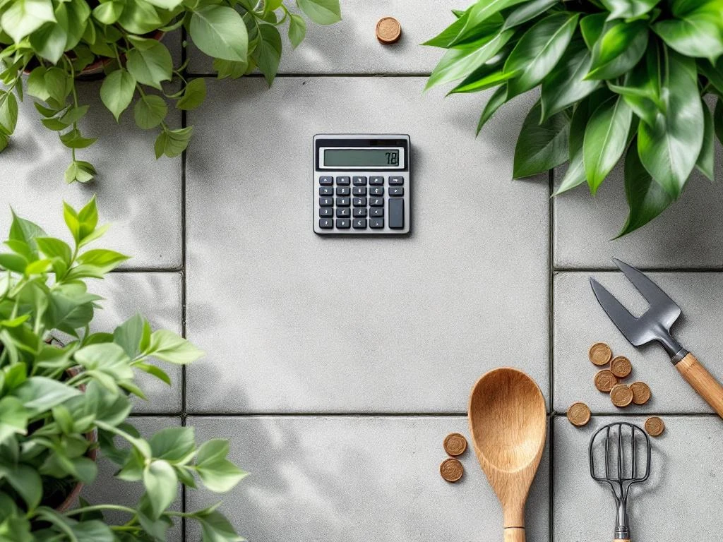 Rekenmachine en tuingereedschap op beton met euromunten voor tuinonderhoud kostenberekening