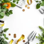 Tuinontwerp werkplek met rekenmachine, meetlint, euromunten en professionele tuingereedschap op witte achtergrond