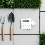 Rekenmachine met eurobiljetten en tuingereedschap op betonnen tegels omringd door groen gazon