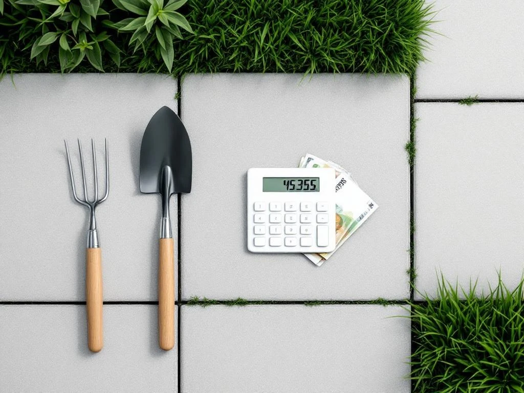 Rekenmachine met eurobiljetten en tuingereedschap op betonnen tegels omringd door groen gazon