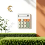 Rekenmachine met eurosymbolen en tuingereedschap silhouetten op witte achtergrond voor tuinservice prijsberekening