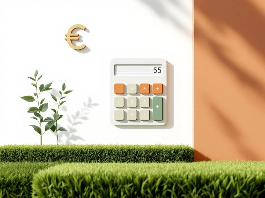 Rekenmachine met eurosymbolen en tuingereedschap silhouetten op witte achtergrond voor tuinservice prijsberekening