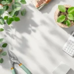 Tuinman werkplek met calculator, euro bankbiljetten en tuingereedschap op betonnen oppervlak