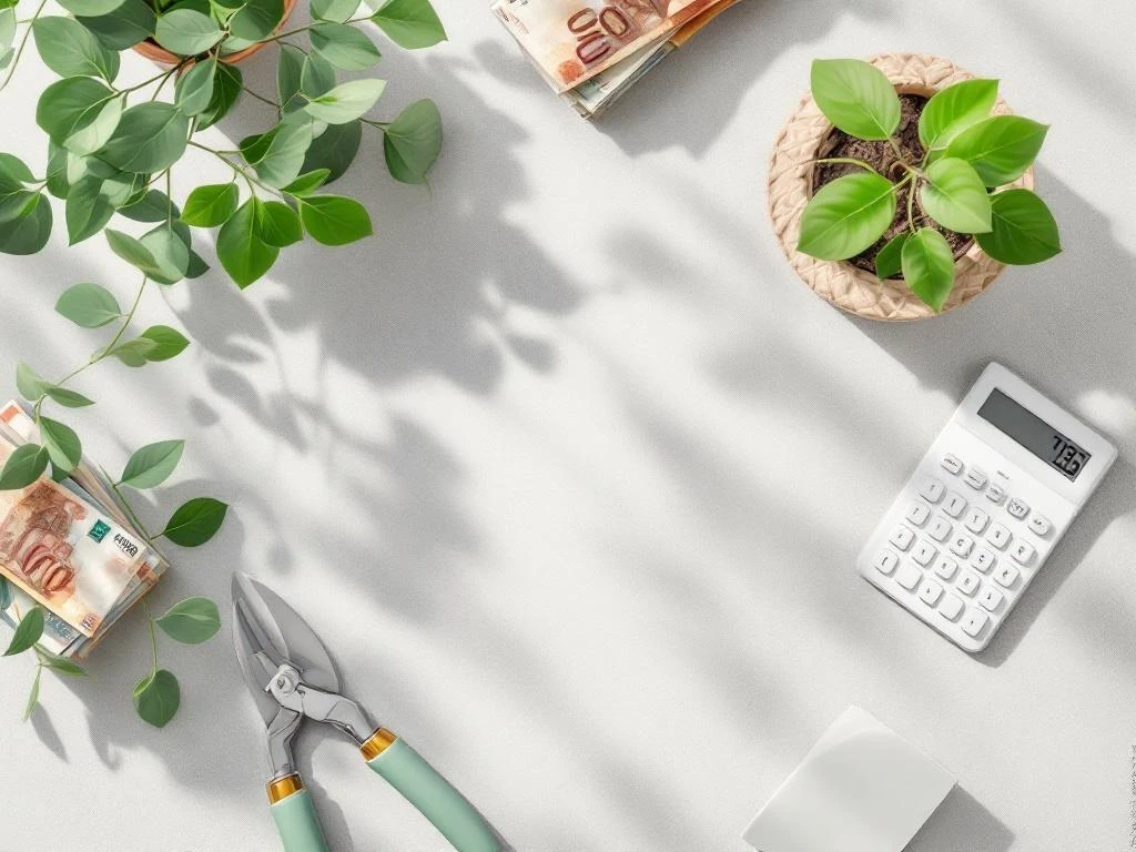 Tuinman werkplek met calculator, euro bankbiljetten en tuingereedschap op betonnen oppervlak