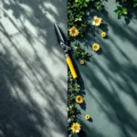 Tuingereedschap en eurobiljetten diagonaal gerangschikt op betonnen ondergrond, bovenaanzicht met natuurlijk licht